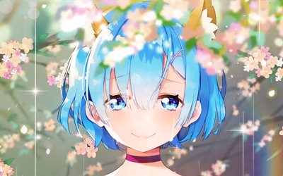 Re Zero, Rem, close-up, flowers, manga, blue hair