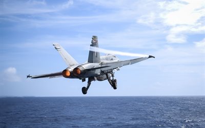 Boeing f / a-18 Super Hornet, ponte fighter, il decollo da una portaerei, turbine, seascape, US Navy, USA, FA-18F Super Hornet