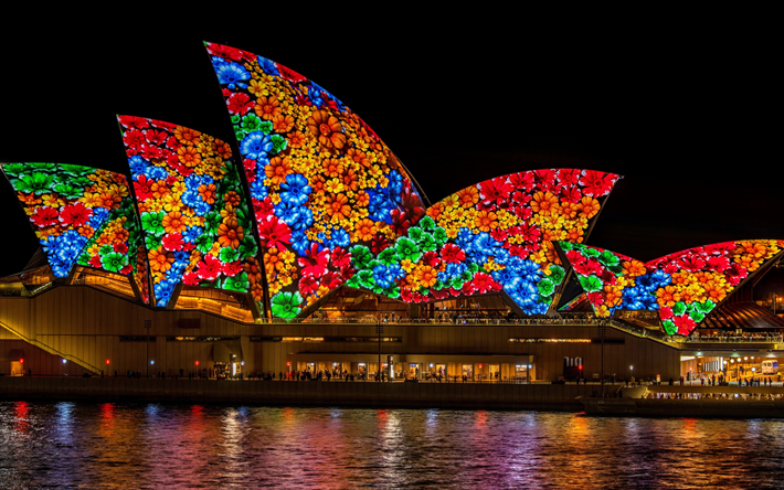 Sydney, Sydney Opera House, evening, bright illumination, colorful flowers, Australia