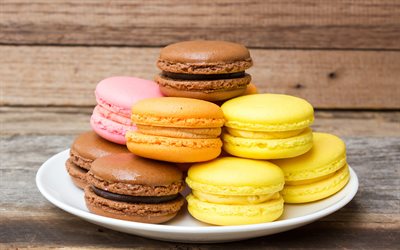 colorful biscuits, macaroons, yellow biscuits, chocolate macaroons, pastries, dessert