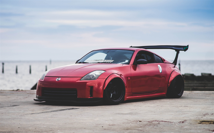 Nissan 350Z, red sports coupe, understatement, low rider, tuning 350Z, black wheels, Japanese sports cars, Nissan