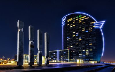 Ciutat Vella, La Barceloneta, Barcelona, natt, kv&#228;ll, moderna byggnader, Catalonia, Spanien
