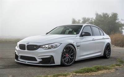 BMW M3, 2018, exterior, sports sedan, BMW F80, body kit M-performance, front view, tuning M3, white M3, German cars, BMW