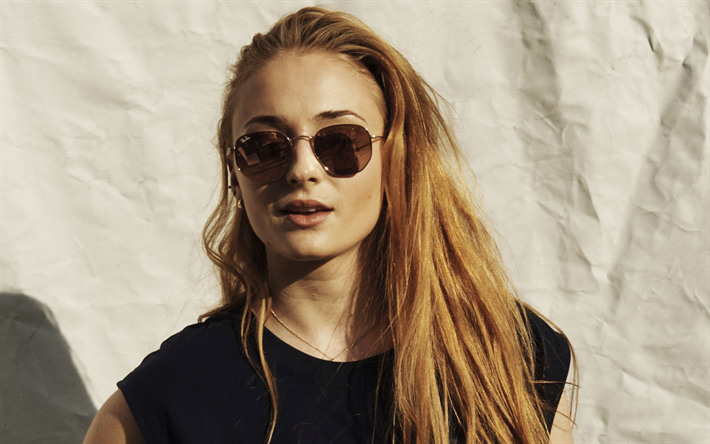 Sophie Turner, British actress, portrait, photoshoot, woman with sunglasses, black dress, Hollywood