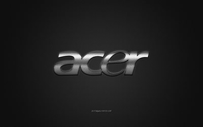 Logo Acer, sfondo in carbonio grigio, logo in metallo Acer, emblema in argento Acer, Acer, texture in carbonio grigio