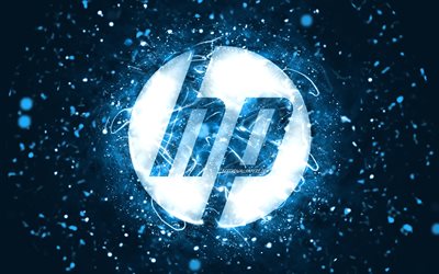 Logotipo azul HP, 4k, luces azules de neón, creativo, logotipo de Hewlett-Packard, fondo abstracto azul, logotipo de HP, Hewlett-Packard, HP