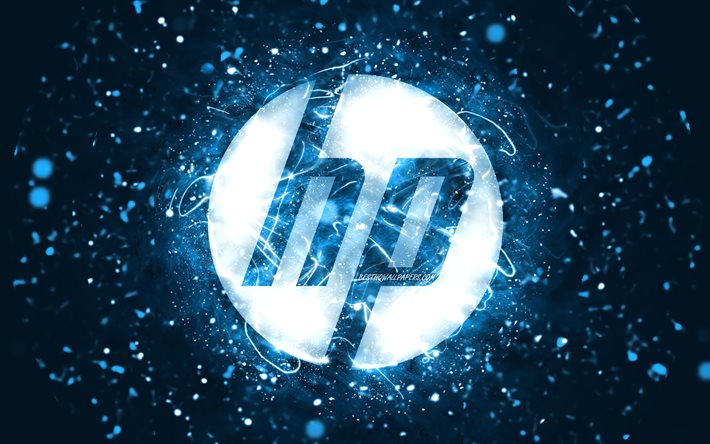 HP blue logo, 4k, blue neon lights, creative, Hewlett-Packard logo, blue abstract background, HP logo, Hewlett-Packard, HP