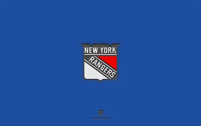 New York Rangers, fundo azul, time de h&#243;quei americano, emblema do New York Rangers, NHL, EUA, h&#243;quei, logotipo do New York Rangers