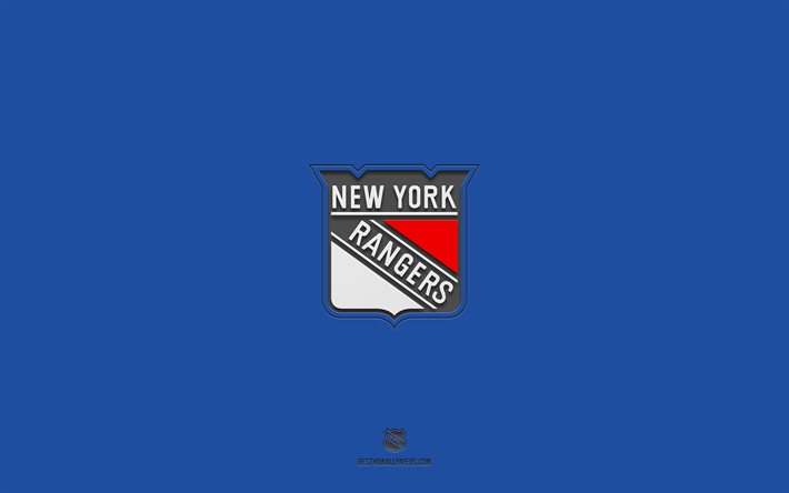 New York Rangers, sininen tausta, amerikkalainen j&#228;&#228;kiekkojoukkue, New York Rangersin tunnus, NHL, USA, j&#228;&#228;kiekko, New York Rangersin logo