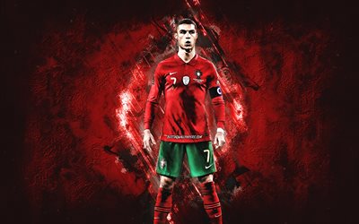 Cristiano Ronaldo, CR7, Portugals herrlandslag i fotboll, r&#246;d grunge bakgrund, CR7 grunge art, Portugal, fotboll