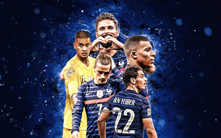 Kylian Mbappe, Antoine Griezmann, Olivier Giroud, Wissam Ben Yedder, Alphonse Areola, 4k, Ranskan jalkapallomaajoukkue, jalkapallo, jalkapalloilijat, siniset neonvalot, FFF, Ranskan jalkapallojoukkue
