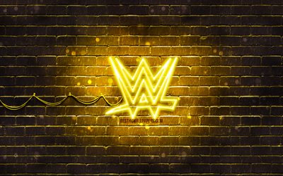 WWE yellow logo, 4k, yellow brickwall, World Wrestling Entertainment, WWE logo, brands, WWE neon logo, WWE