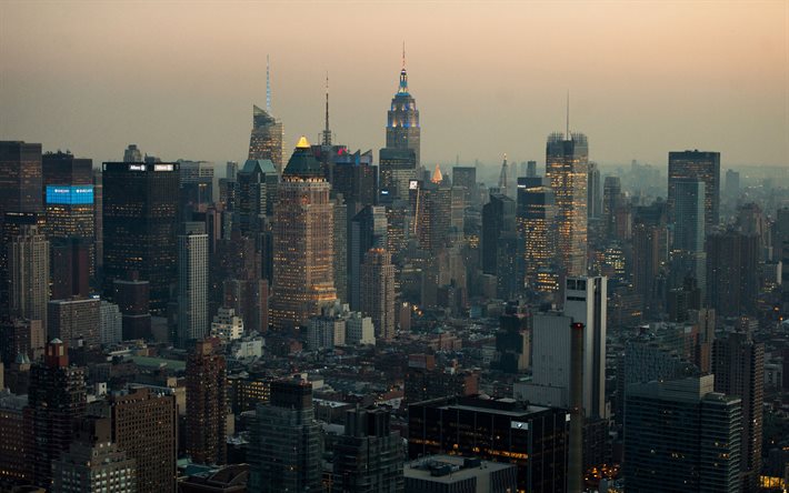 New York, sera, Empire State Building, NY, paesaggio urbano di New York, grattacieli, skyline di New York City, USA