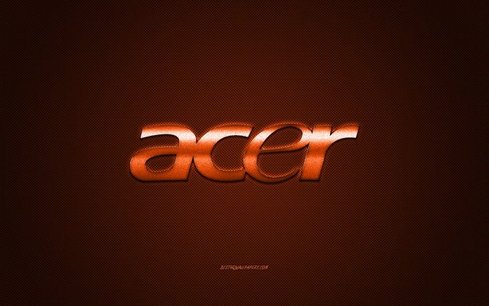 Logotipo de Acer, fondo de carbono naranja, logotipo de metal de Acer, emblema plateado de Acer, Acer, textura de carbono naranja