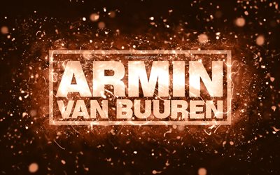 Logotipo marrom de Armin van Buuren, 4k, DJs holandeses, luzes de n&#233;on marrom, criativo, fundo abstrato marrom, logotipo de Armin van Buuren, estrelas da m&#250;sica, Armin van Buuren
