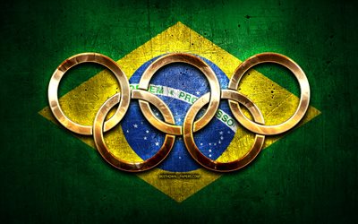 Brazilian olympic team, golden olympic rings, Brazil at the Olympics, creative, Brazilian flag, metal background, Brazil Olympic Team, flag of Brazil