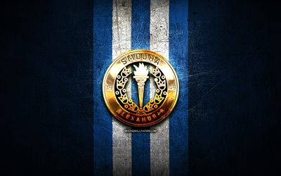 Smouha FC, golden logo, Egyptian Premier League, blue metal background, football, EPL, egyptian football club, Smouha logo, soccer, FC Smouha