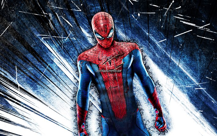 4k, spiderman, grunge-kunst, superhelden, marvel-comics, spider-man, blaue abstrakte strahlen, kreativ, spiderman 4k