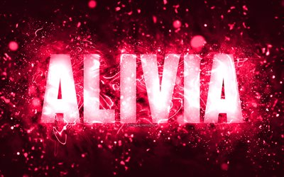 Joyeux anniversaire Alivia, 4k, néons roses, nom Alivia, créatif, Alivia Happy Birthday, Alivia Birthday, noms féminins américains populaires, photo avec le nom Alivia, Alivia
