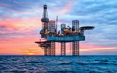 piattaforma di produzione di gas, mare, sera, tramonto, produzione di gas offshore, piattaforma di produzione di petrolio, gas, petrolio