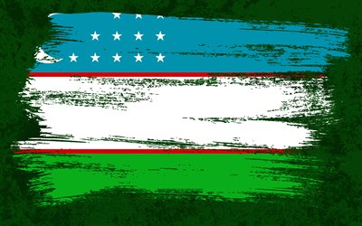 4k, ウズベキスタンの旗, グランジフラグ, アジア諸国, 国のシンボル, ブラシストローク, グランジアート, アジア, ウズベキスタン