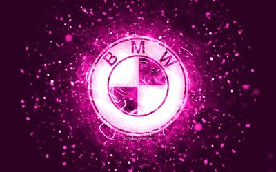 BMW purple logo, 4k, purple neon lights, creative, purple abstract background, BMW logo, cars brands, BMW