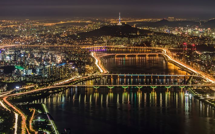 Seoul, natt, panorama city, metropol, stadens ljus, Sydkorea