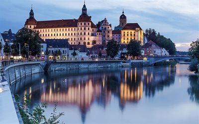 Neuburg, casas, rio, aterro, noite, ponte, Alemanha