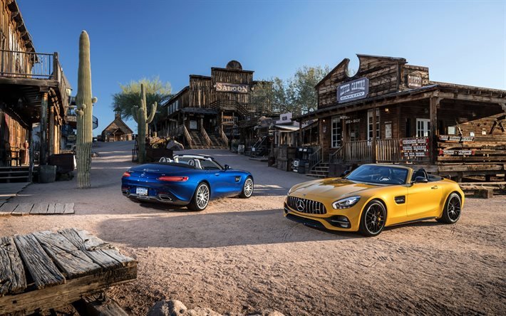 Mercedes AMG GT, Yellow cabriolet, blue cabriolet, German cars, supercars, Mercedes