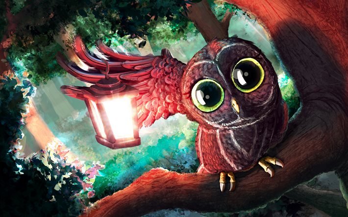 owl, lantern, forest, art, birds