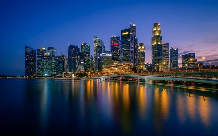 Singapore, skyline, Skyskrapor, natt, Merlion Park, Marina Bay