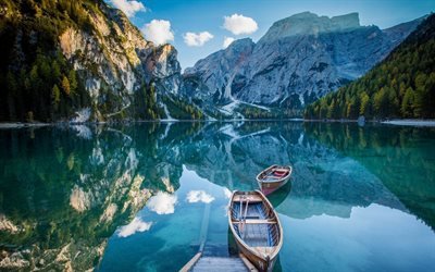 Italy, Bryes Lake, Alps, boats, pier, blue lake, mountains, summer