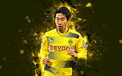4k, Shinji Kagawa, arte astratta, stelle del calcio, Borussia Dortmund, calcio, Kagawa, BVB, Bundesliga, i calciatori, luci al neon, il Borussia Dortmund FC