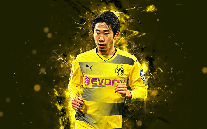 4k, Shinji Kagawa, soyut sanat, futbol yıldızları, Borussia Dortmund, futbol, Kagawa, BVB, Bundesliga, futbolcular, neon ışıkları, Borussia Dortmund FC