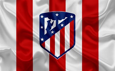 Atletico Madrid, 4k, new logo, silk texture, new emblem, logo 2018, Spanish football club, red white flag, LaLiga, Madrid, Spain