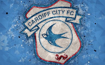 Cardiff City FC, 4k, art g&#233;om&#233;trique, logo, abstrait bleu fond, club de football anglais, embl&#232;me de Premier League, Cardiff, Royaume-Uni, le football