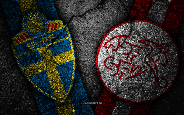 Sweden vs Switzerland, 4k, FIFA World Cup 2018, Round of 16, logo, Russia 2018, Soccer World Cup, Sweden football team, Switzerland football team, black stone, Eighth-final