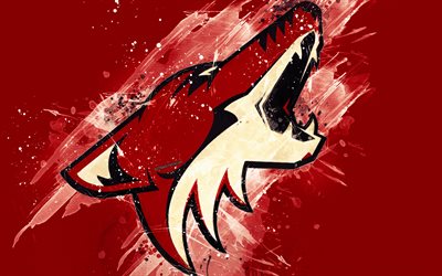 Arizona Coyotes, 4k, grunge art, American hockey club, logo, red background, creative art, emblem, NHL, Glendale, Arizona, USA, hockey, Western Conference, National Hockey League, paint art