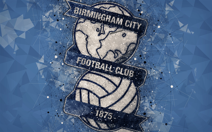 Birmingham City FC, 4k, art g&#233;om&#233;trique, logo, abstrait bleu fond, club de football anglais, embl&#232;me, EFL Championnat, Birmingham, Angleterre, royaume-Uni, le football, le Championnat anglais