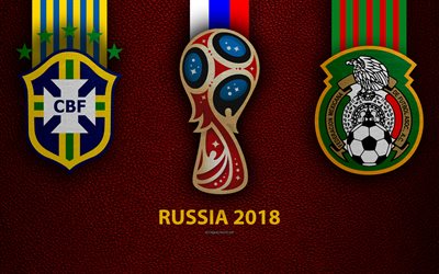 Br&#233;sil vs Mexique, Round 16, 4k, le cuir de texture, logo, 2018 la Coupe du Monde FIFA, Russie 2018, le 2 juillet, match de football, art cr&#233;atif, les &#233;quipes nationales de football