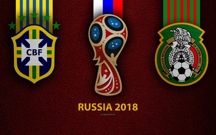 البرازيل vs المكسيك, الجولة 16, 4k, جلدية الملمس, شعار, لكأس العالم لكرة القدم 2018, روسيا 2018, 2 يوليو, مباراة لكرة القدم, الفنون الإبداعية, فرق كرة القدم الوطنية