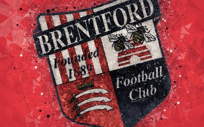 ンブレントフォードFC, 4k, 幾何学的な美術, ロゴ, 赤抽象的背景, 英語サッカークラブ, エンブレム, EFL大会, ハウンズロー, イギリス, 英国, サッカー, 英語選手権