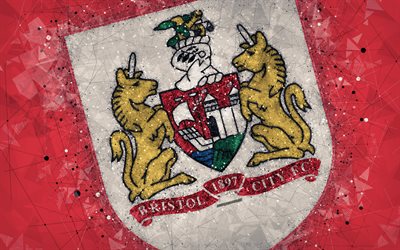 Bristol City FC, 4k, geometric art, logo, red abstract background, English football club, emblem, EFL Championship, Bristol, England, United Kingdom, football, English Championship
