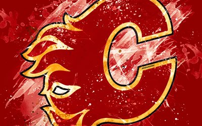 Les Flames de Calgary, 4k, grunge art, club de hockey Canadien, logo, fond rouge, art cr&#233;atif, de l&#39;embl&#232;me LNH, Alberta, Canada, etats-unis, le hockey, la Conf&#233;rence de l&#39;Ouest, la Ligue Nationale de Hockey, de la peinture d&#39;ar