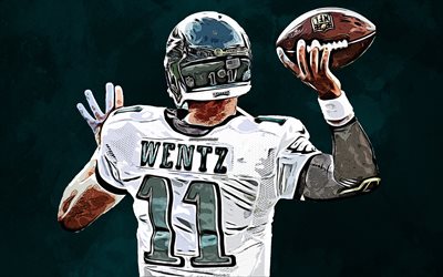 Carson Wentz, 4k, sanat, Philadelphia Eagles, sı&#231;raması, grunge sanat, yeşil arka plan, NFL, Amerikan Futbolu, oyun kurucu, Ulusal Futbol Ligi, yaratıcı sanat