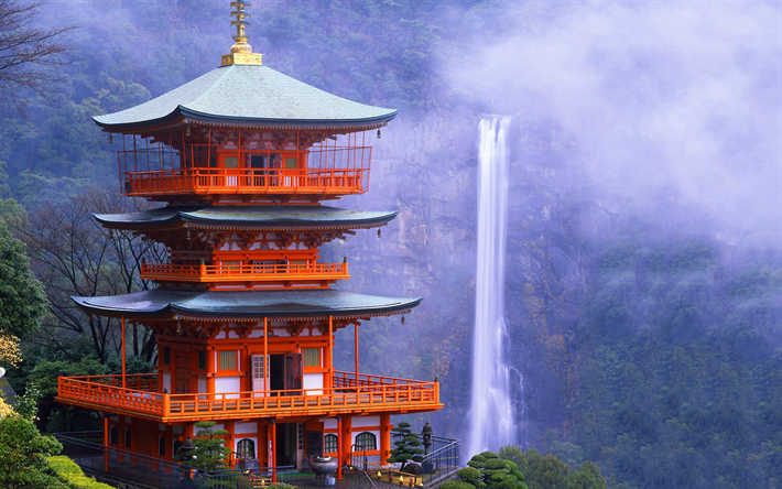 Kyoto, tempio Giapponese, cascata, roccia, montagna, architettura Giapponese, Giappone, Fluorescenti-ji