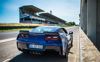 Chevrolet Corvette, 2018, Grand Sport, sports coupe, rear view, four pipe exhaust, racing track, tuning Corvette, American sports cars, blue new Corvette, Chevrolet