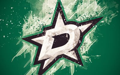 Dallas Stars, 4k, grunge sanat, Amerikan hokey kul&#252;b&#252;, logo, yeşil arka plan, yaratıcı sanat, amblem, NHL, Dallas, Teksas, ABD, hokey, Batı Konferansı, Ulusal Hokey Ligi, boya sanat