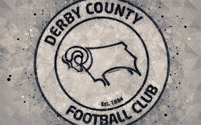 Derby County FC, 4k, geometrik sanat, logo, gri soyut, arka plan, İngiliz Futbol Kul&#252;b&#252; amblemi, HAZIRLIK Championship, Derby, Derbyshire, İngiltere, futbol, UEFA Şampiyonlar