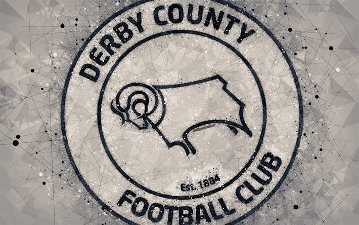 Derby County FC, 4k, el arte geom&#233;trico, logotipo, gris abstracto de fondo, club de f&#250;tbol ingl&#233;s, el emblema, EFL Campeonato, Derby, Derbyshire, Inglaterra, Reino Unido, el f&#250;tbol, el Campeonato ingl&#233;s